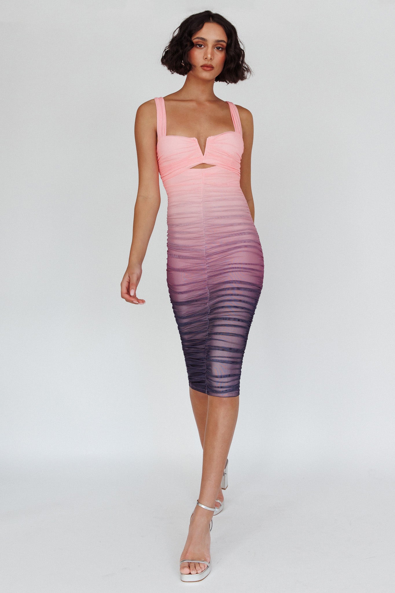 Nadia Ruched Midi Dress Gradient Pink