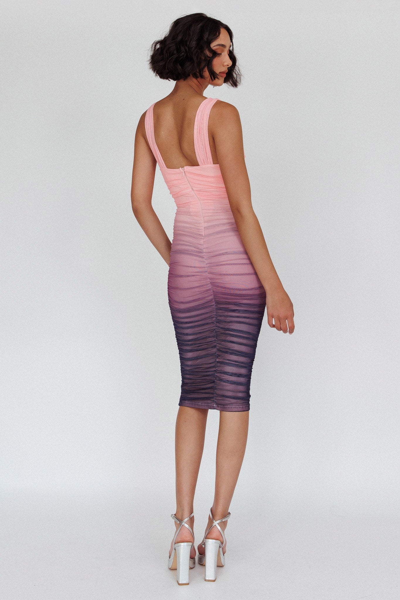 Nadia Ruched Midi Dress Gradient Pink