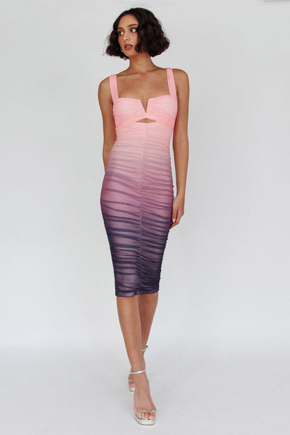 Nadia Ruched Midi Dress Gradient Pink