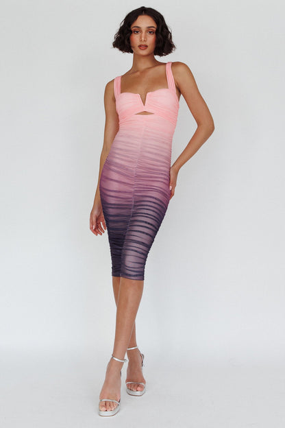 Nadia Ruched Midi Dress Gradient Pink