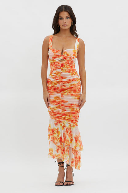 Nadia Ruched Fishtail Midi Dress Floral White