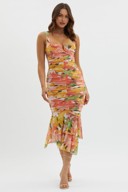 Nadia Ruched Fishtail Midi Dress Floral Orange