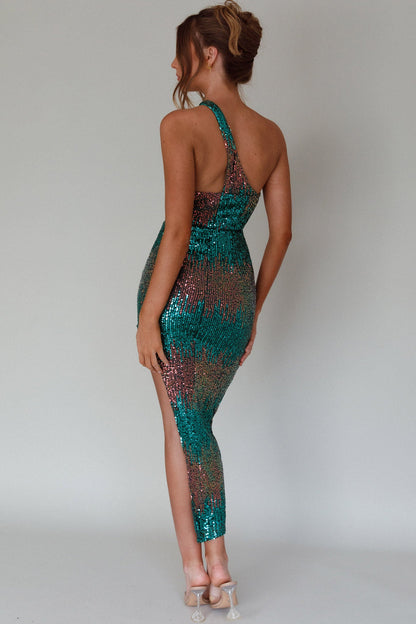 Shooting Stars One-Shoulder Sequin Dress Green
