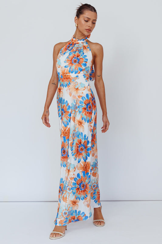 Shana Halterneck Maxi Dress Flowers Blue