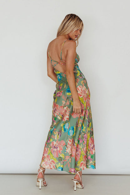 From Above V-Back Midi Dress Floral Green