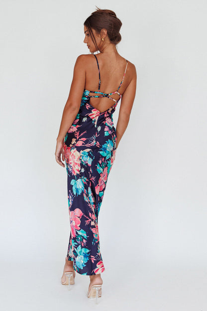 From Above V-Back Midi Dress Floral Navy