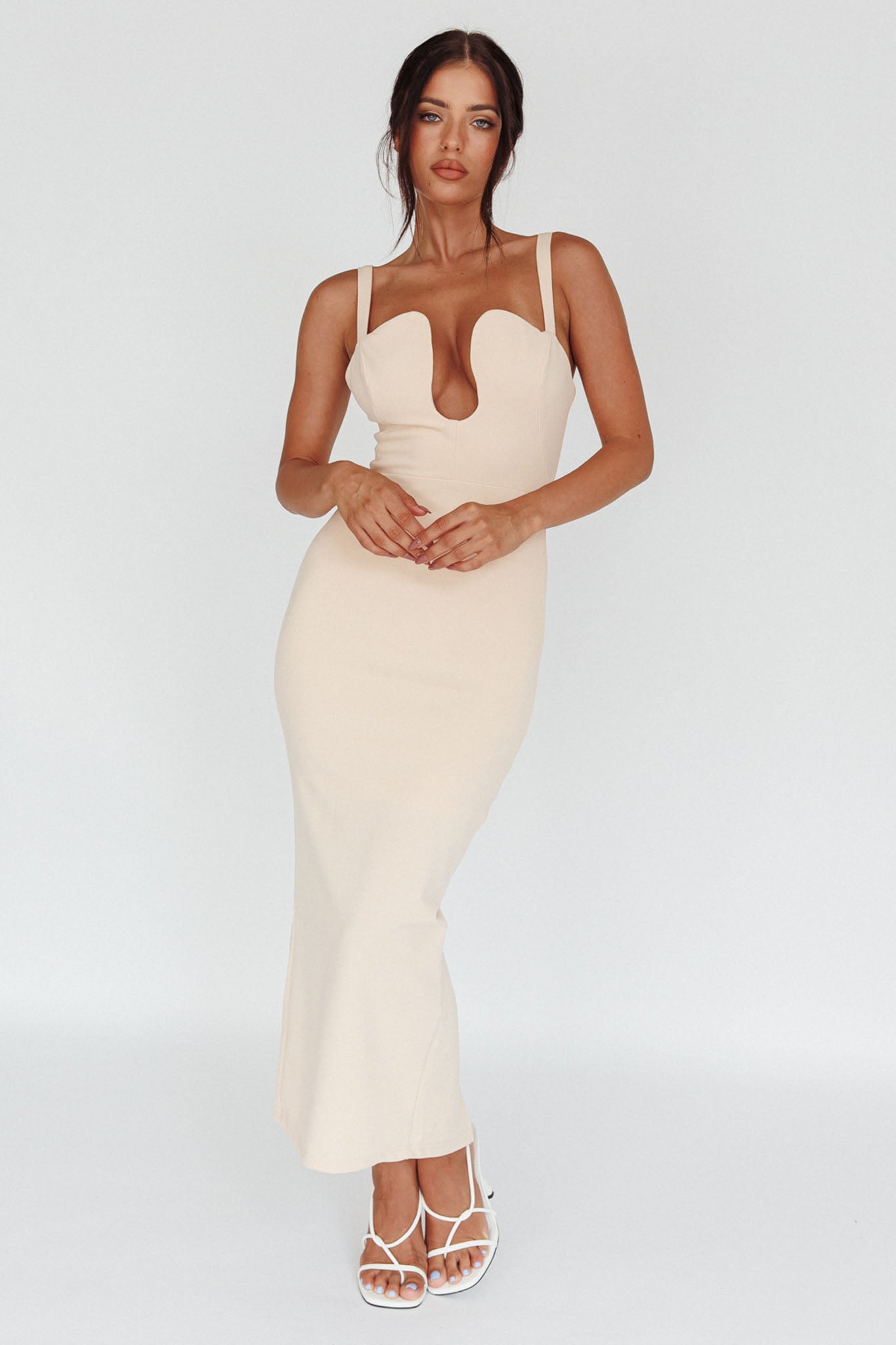 Winter Garden U-Neckline Maxi Dress Beige