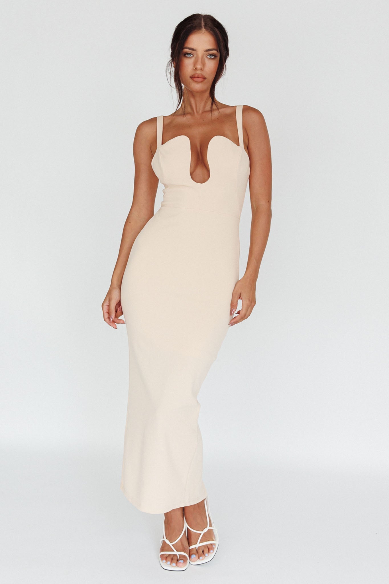Winter Garden U-Neckline Maxi Dress Beige