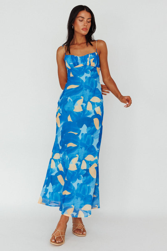 Nerida Twist Back Maxi Dress Print Blue
