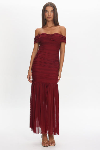 La Salle Off Shoulder Mesh Maxi Dress Wine
