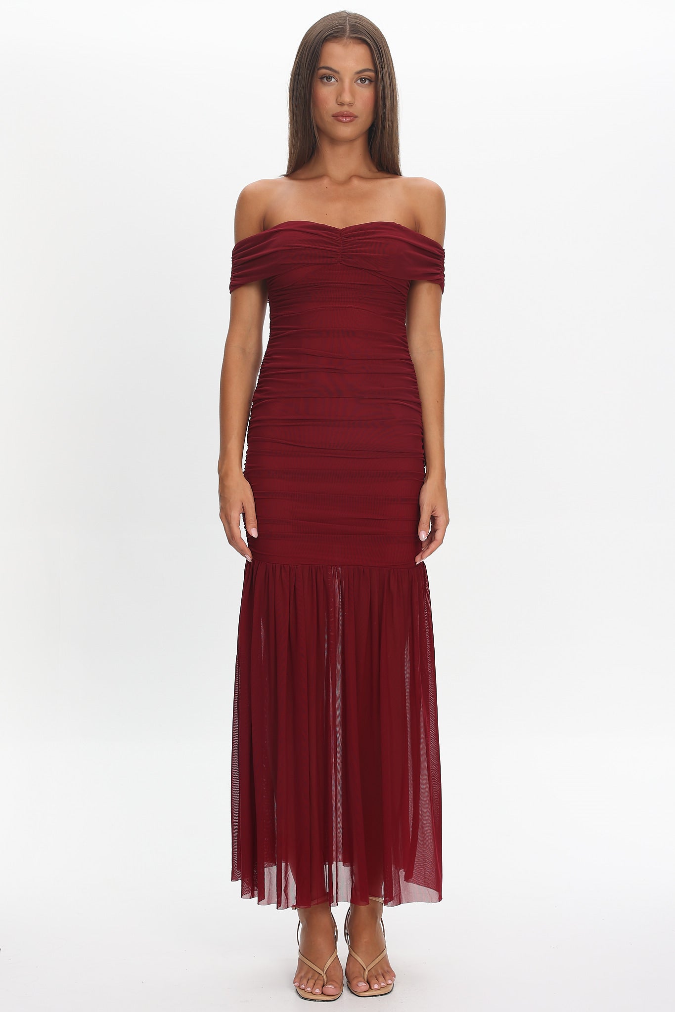 La Salle Off Shoulder Mesh Maxi Dress Wine