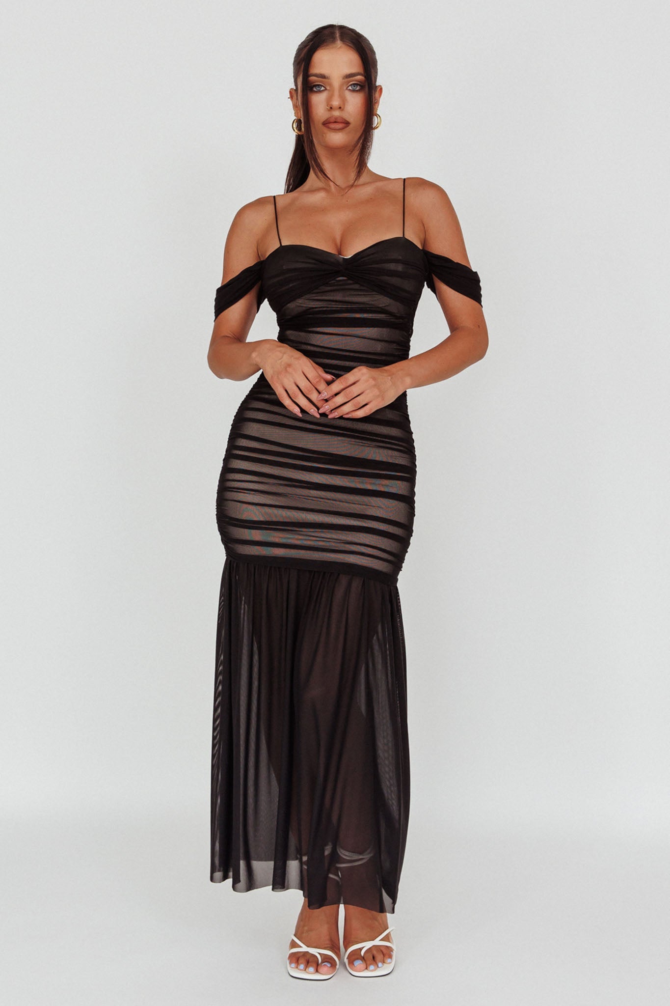 La Salle Ruched Mesh Maxi Dress Black