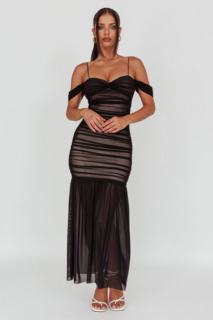 La Salle Ruched Mesh Maxi Dress Black