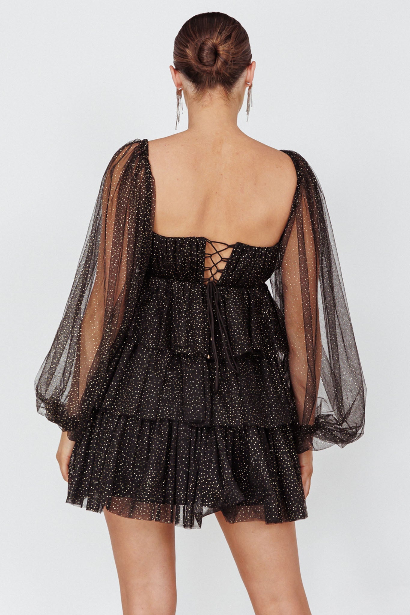 Spring Morning Long Sleeve Tiered Mini Dress Black/Gold