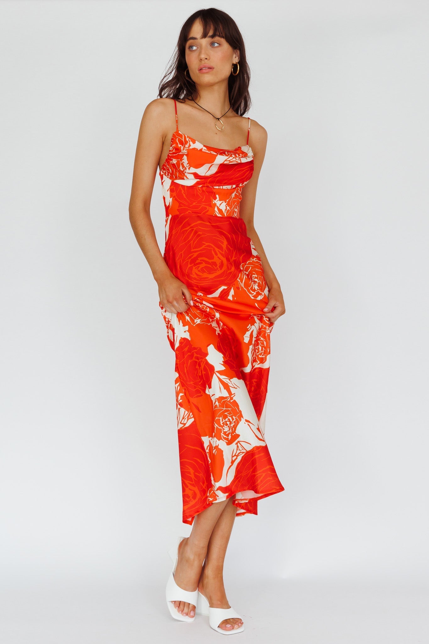 Highland Pleated Bust Midi Dress Floral Orange