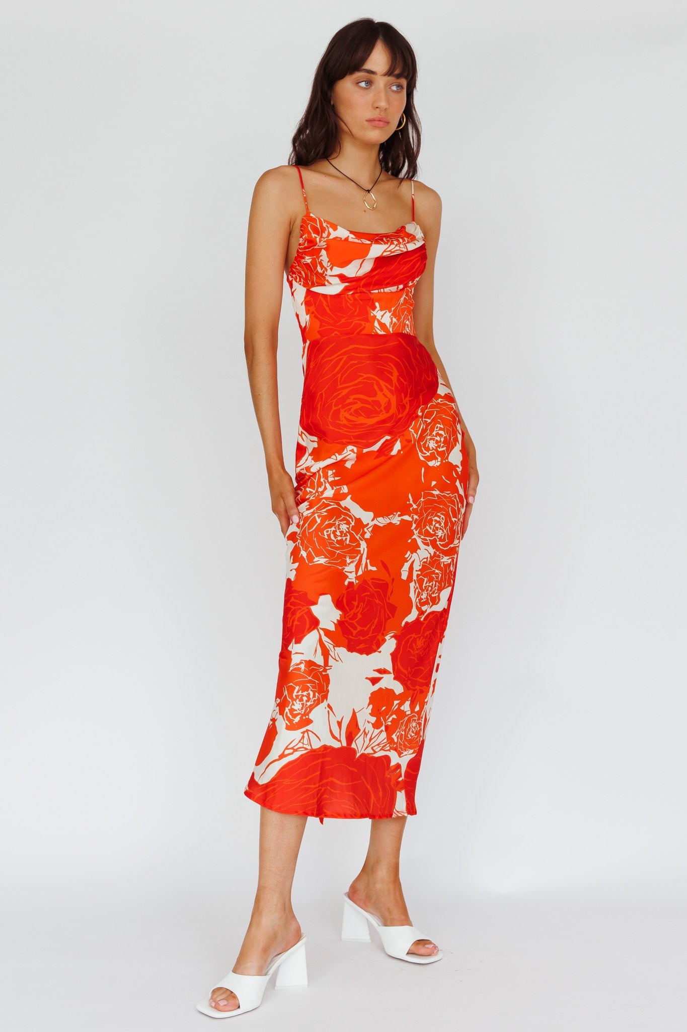 Highland Pleated Bust Midi Dress Floral Orange