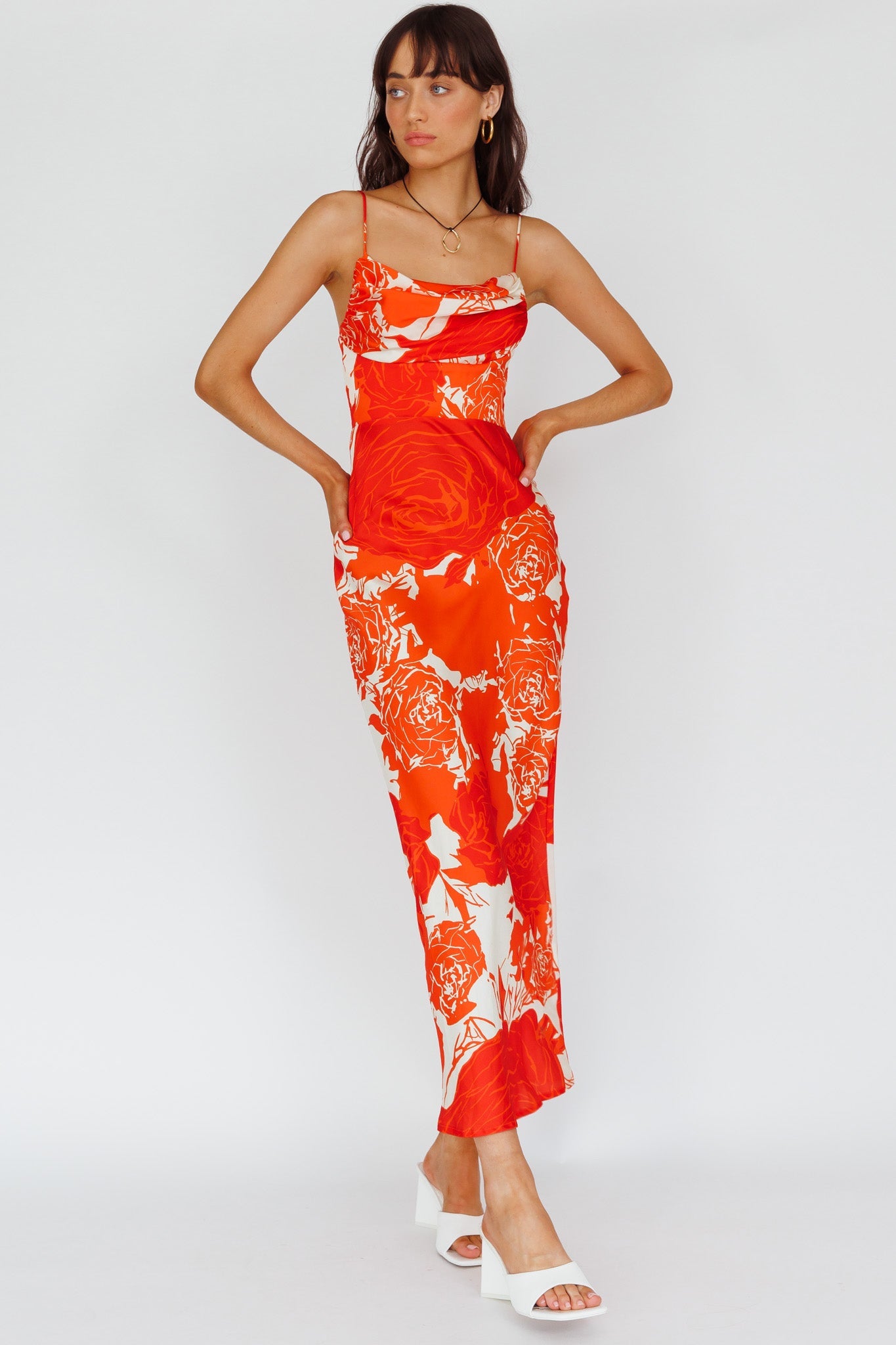 Highland Pleated Bust Midi Dress Floral Orange