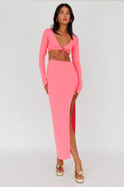 Sigournie Long Sleeve Chain Midi Dress Pink