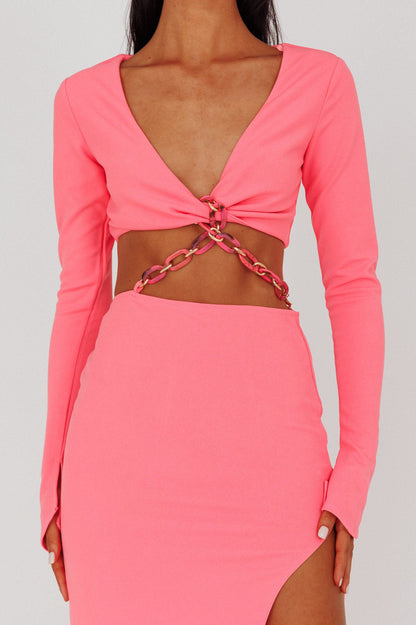 Sigournie Long Sleeve Chain Midi Dress Pink