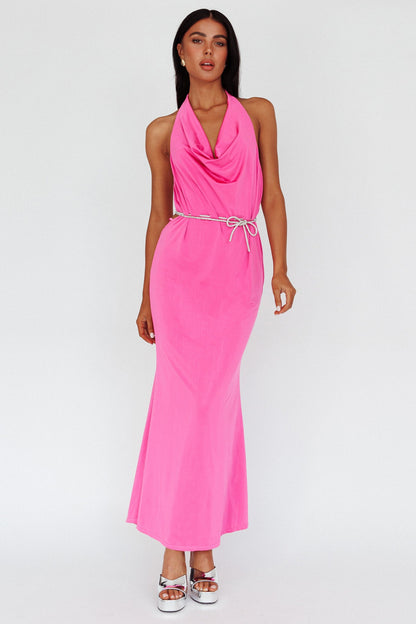 Emmi Cowl Neck Diamante Rope Dress Magenta