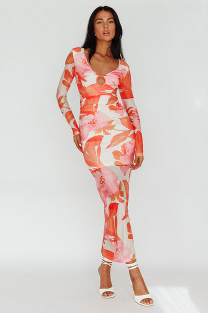 Chardae Long Sleeve Mesh Midi Dress Floral Pink