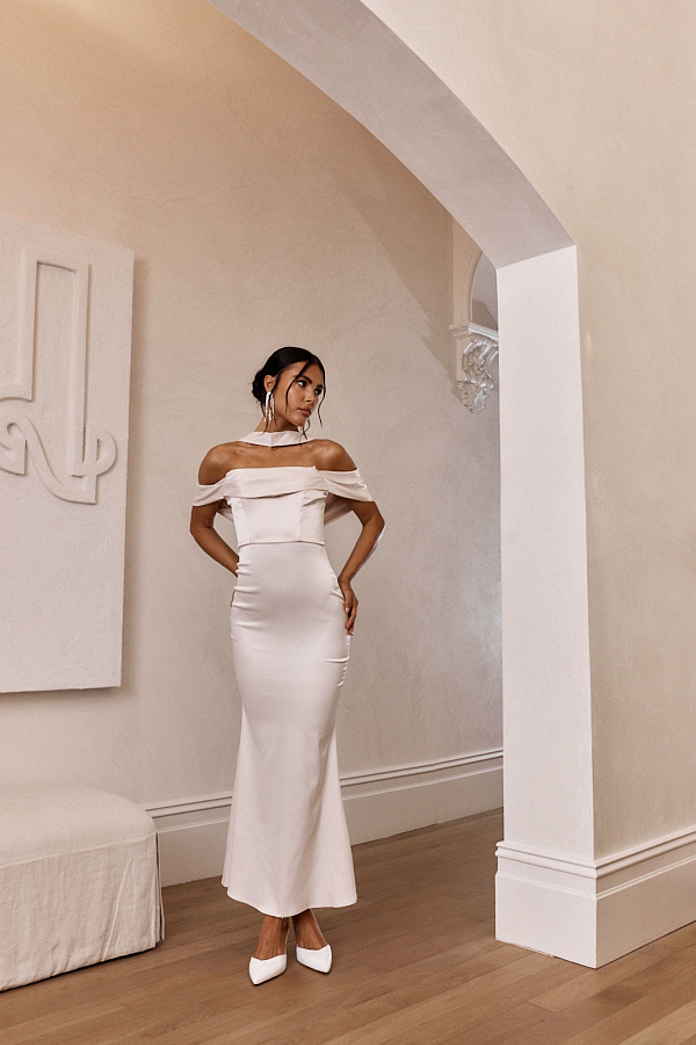 Eclipse Draped Sleeve Midi Dress Beige