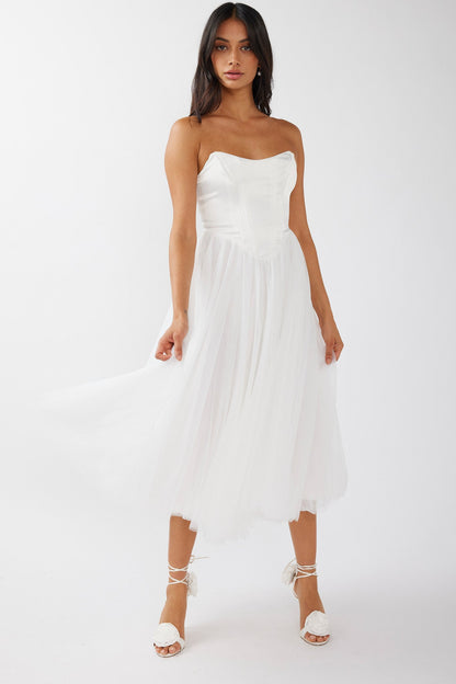 Rosemary Tulle Bustier Midi Dress White
