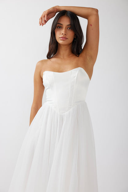 Rosemary Tulle Bustier Midi Dress White
