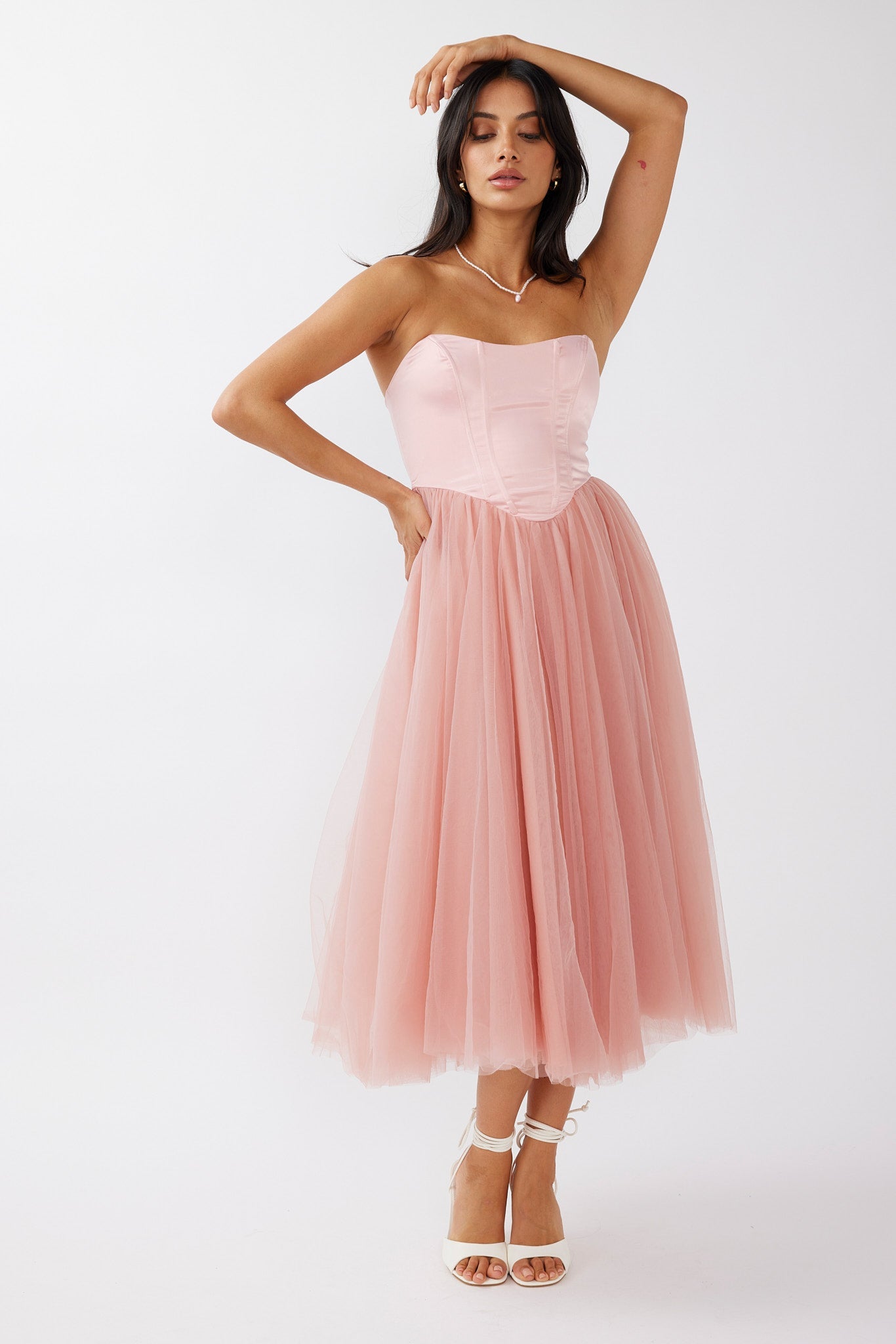 Rosemary Tulle Bustier Midi Dress Pink