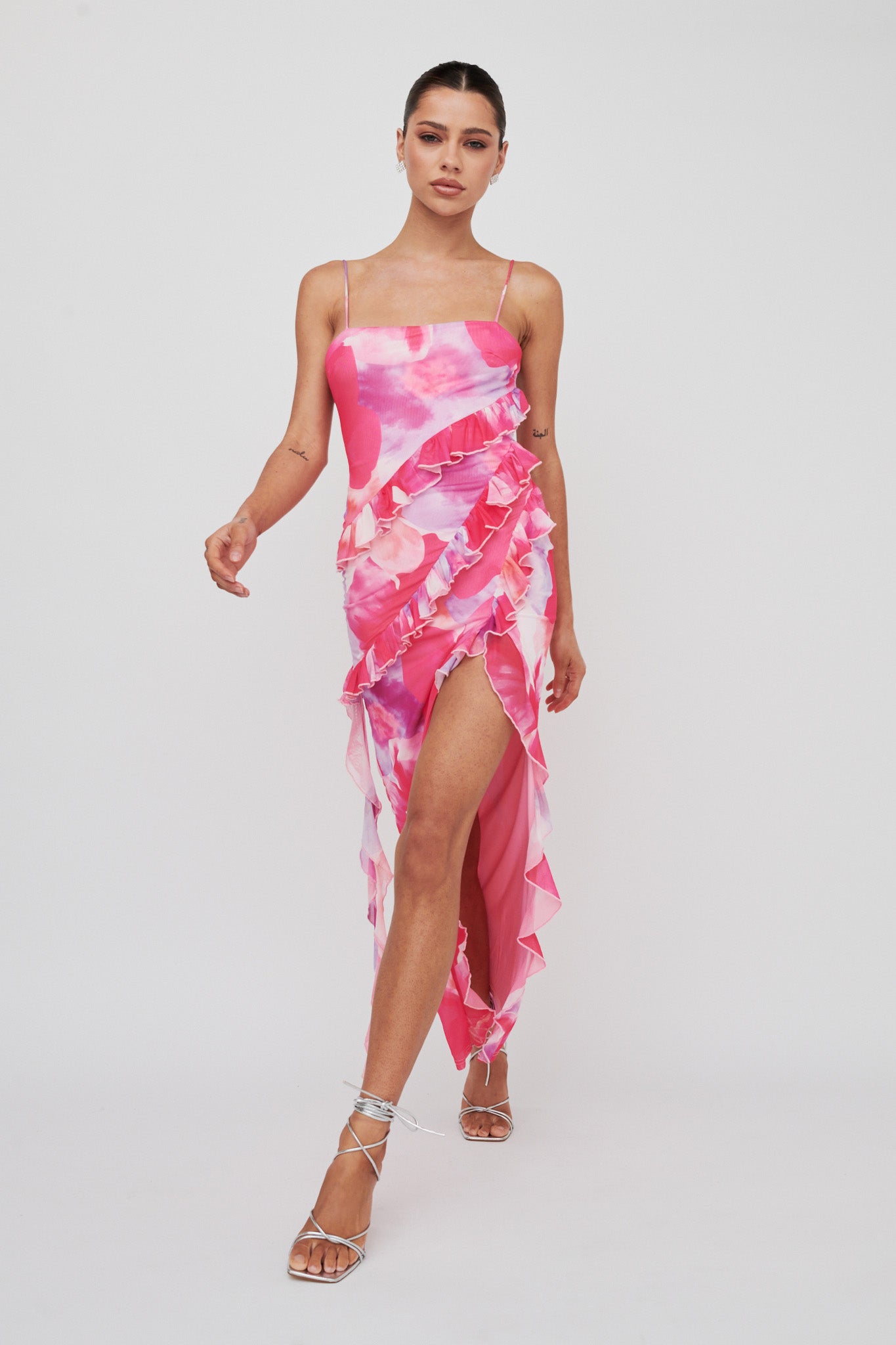 Crush On You Split Ruffle Midi Dress Pink