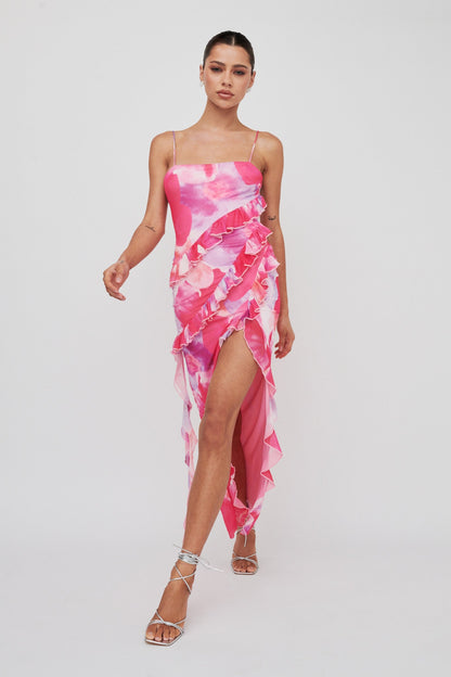 Crush On You Split Ruffle Midi Dress Pink