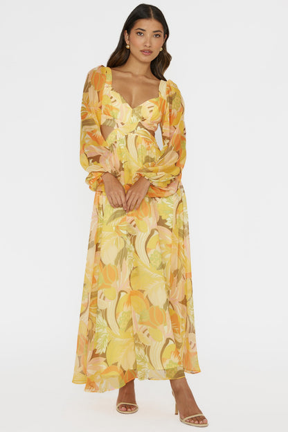 Maura Long Sleeve Lace-Up Back Dress Floral Yellow