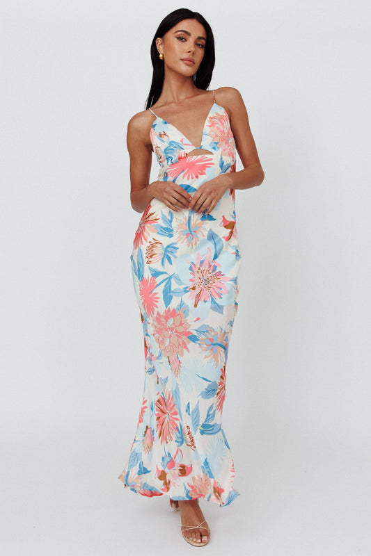 Dance Again Cut-Out Back Maxi Dress Floral Blue