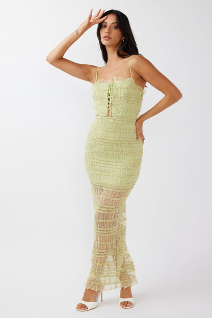Wander & Roam Frill Trim Lace Dress Matcha