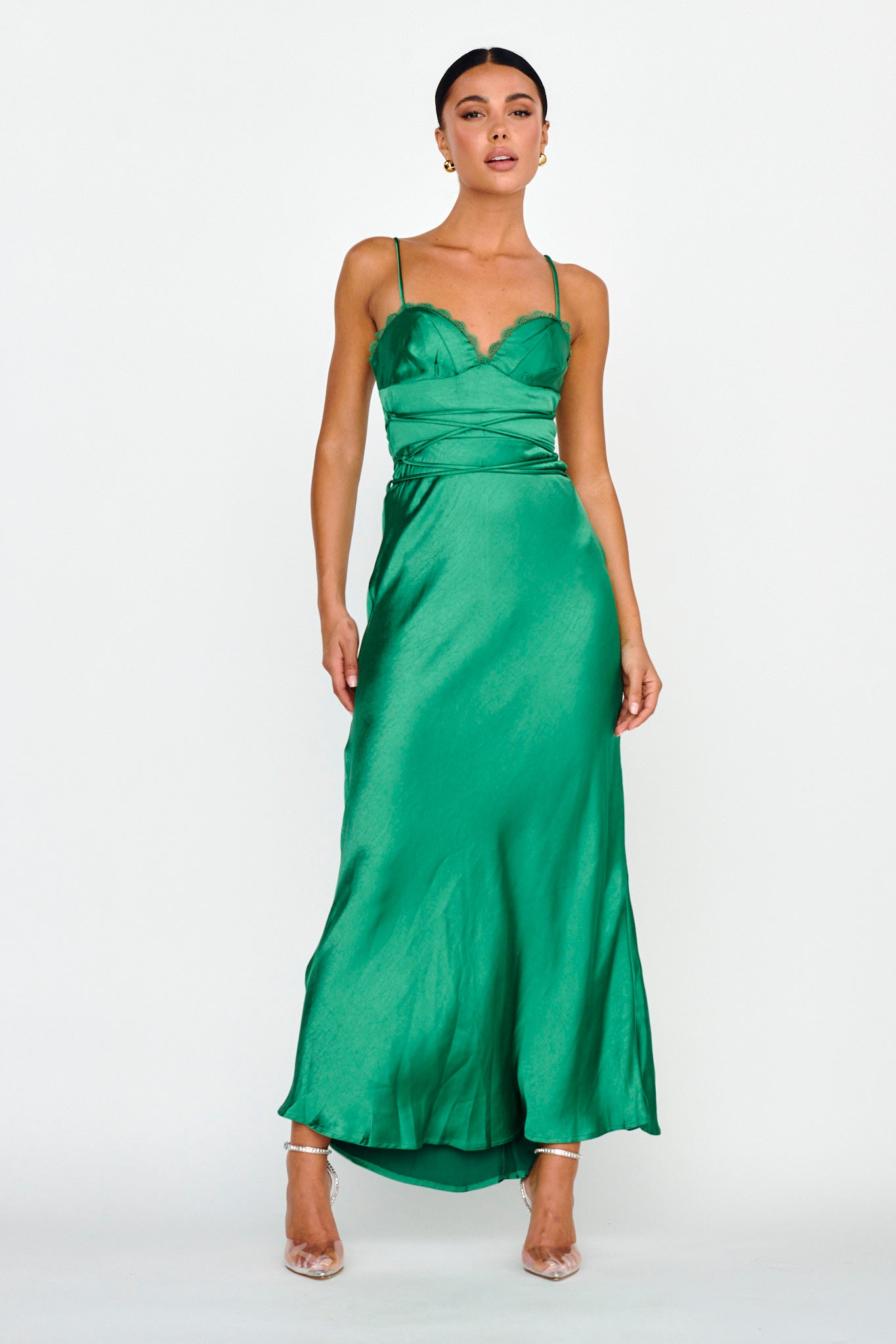 Silver Lining String Tie Waist Dress Forest Green
