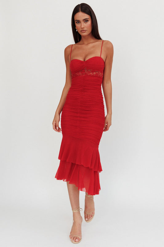 Cherubim Lace Insert Ruched Midi Dress Red