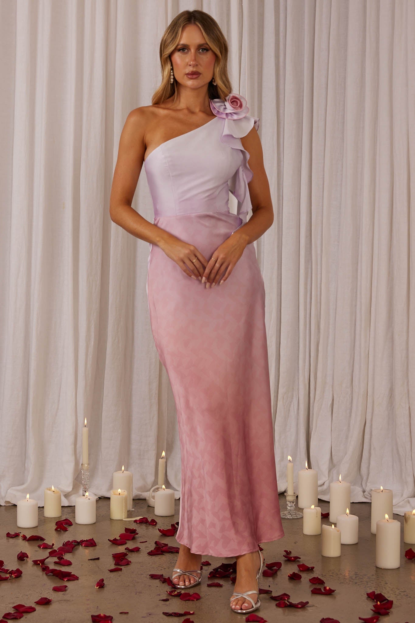 Mariyan One Shoulder Rose Maxi Dress Pink