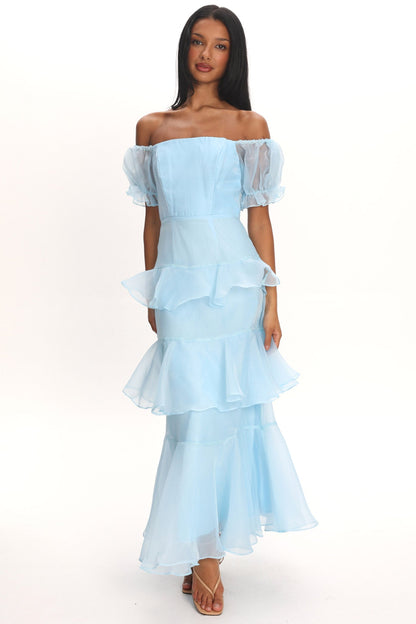 Delwynn Puff Sleeve Layered Midi Dress Blue