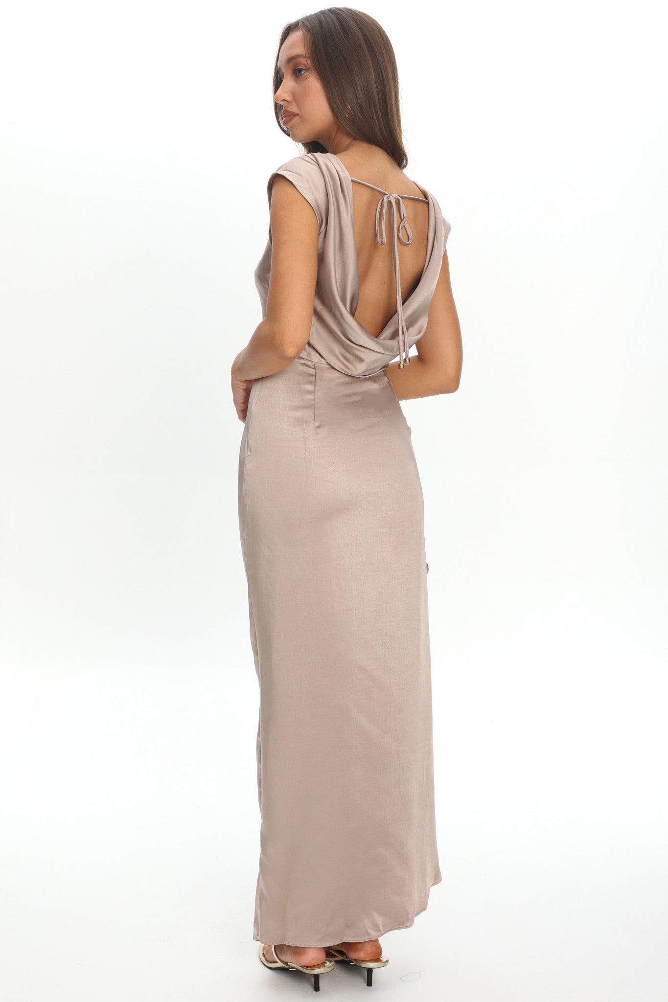 Grecian Cap Sleeve Cowl Back Dress Mocha