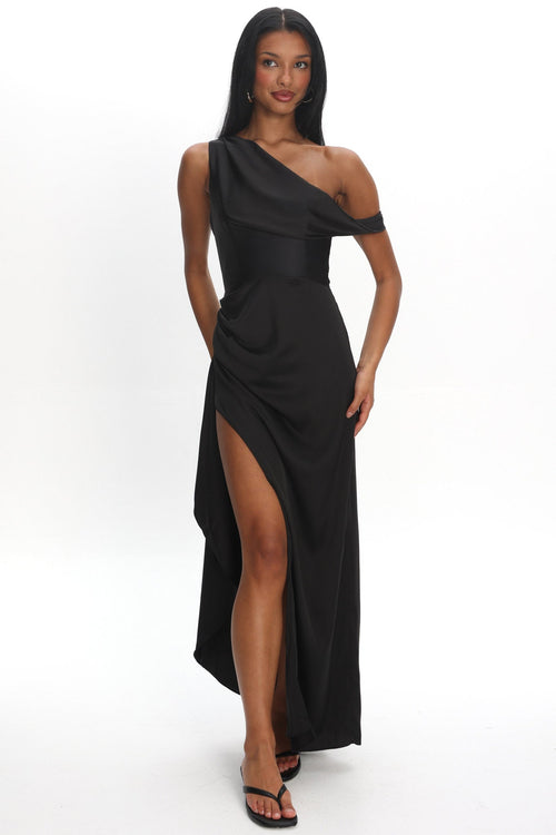 Sensations Off Shoulder Satin Maxi Dress Black