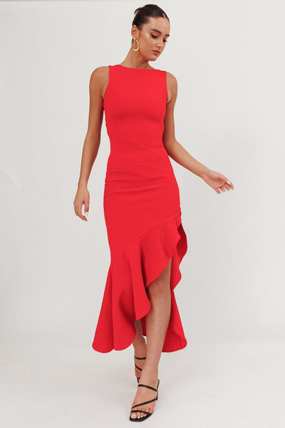 Lights On Asymmetric Hem Maxi Dress Red
