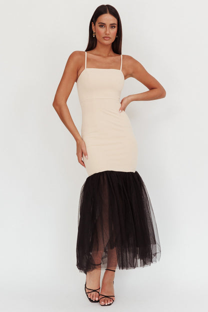 Tomie Tulle Hem Maxi Dress Beige Combo