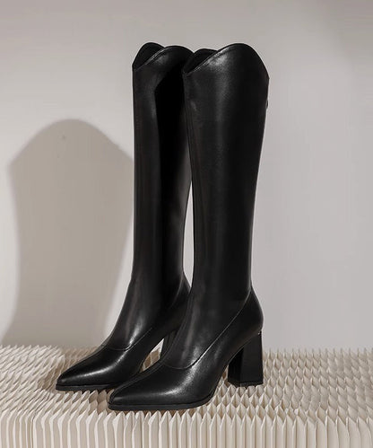 Handmade Black Faux Leather Splicing Chunky Boots