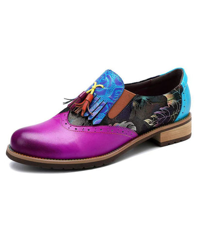Colorblock Women Splicing Chunky Flat Shoes Cowhide Leather