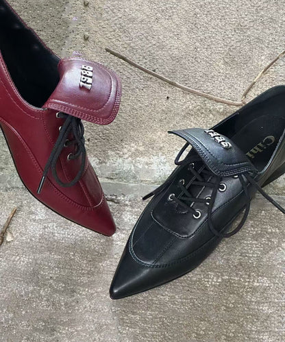 Black Faux Leather Chic Splicing Lace Up Pointed Toe Shoes