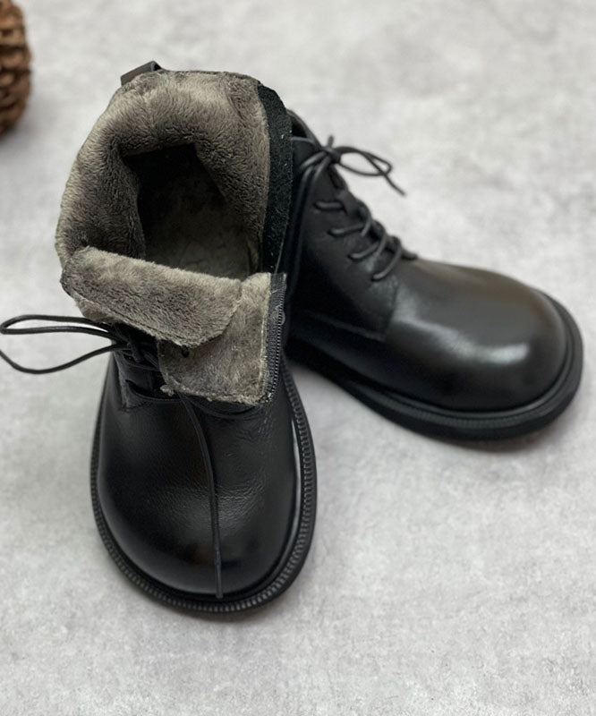 Coffee Boots Cowhide Leather Warm Fleece Beautiful Lace Up Boots