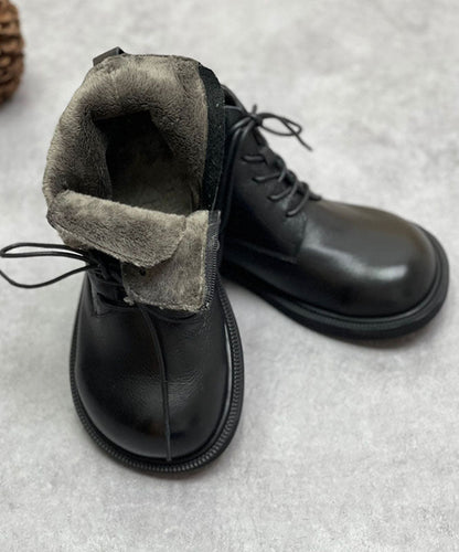 Coffee Boots Cowhide Leather Warm Fleece Beautiful Lace Up Boots