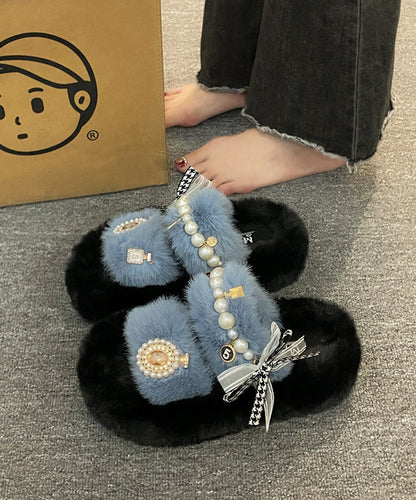 New Khaki Nail Bead Bow Platform Teddy Slide Sandals
