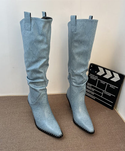 Fashion Splicing Chunky Boots Blue Faux Leather Pointed Toe