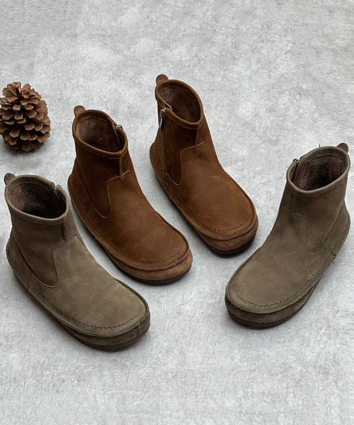 Coffee Cowhide Leather Boots Zippered Vintage Ankle Boots